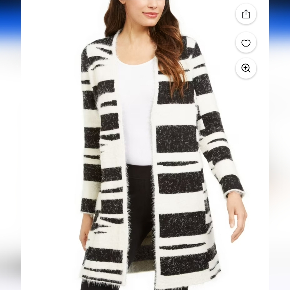 Alfani Womens Black / White Eyelash Knit Open Front Long Cardigan sz PL